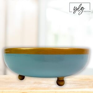 Wood Bowl Hand Painted Glossy Gold French Blue Footed Jewelry Trinket Dish